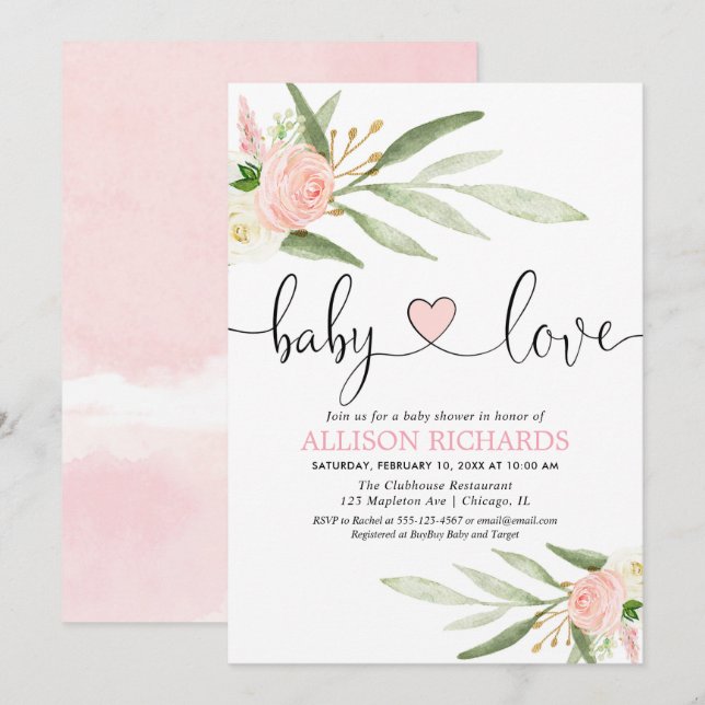 Baby love pink gold heart greenery girl shower invitation (Front/Back)