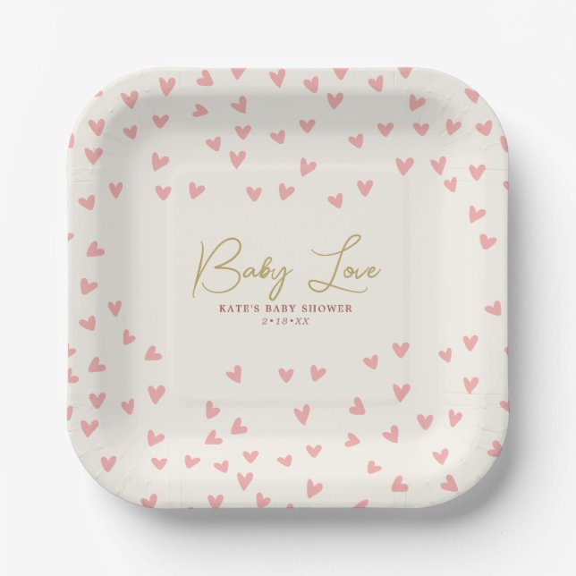 Baby Love Pink Hearts Girl Baby Shower Paper Plate (Front)