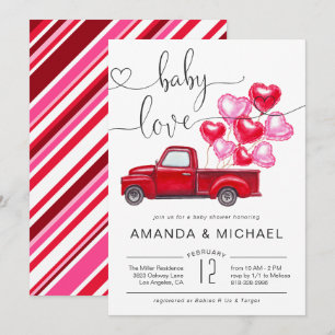 Baby Love   Red Truck Heart Balloons Baby Shower Invitation