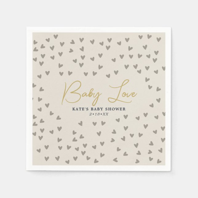 Baby Love Taupe Hearts Gender Neutral Baby Shower Napkin (Front)