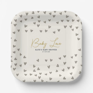 Baby Love Taupe Hearts Gender Neutral Baby Shower Paper Plate