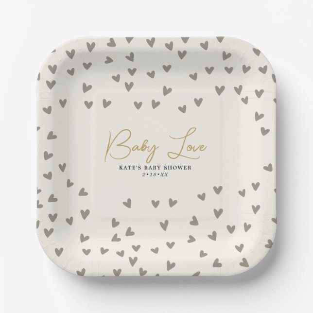 Baby Love Taupe Hearts Gender Neutral Baby Shower Paper Plate (Front)