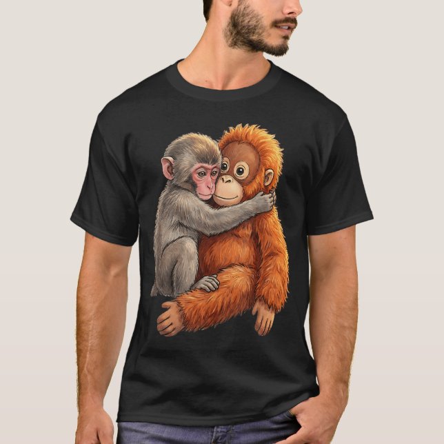 Baby Macaque Hugging Plush Cute Monkey Monkey T-Shirt (Front)