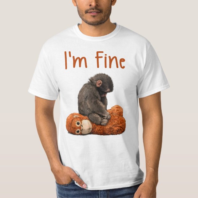 Baby Macaque Hugging Plush Cute Monkey Punch T-Shirt (Front)