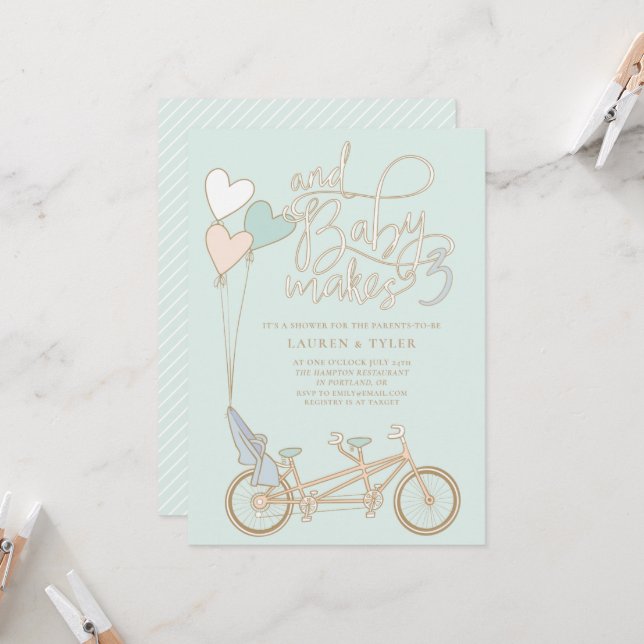Baby Makes Three tandem bike with baby seat shower Invitation (Front/Back In Situ)