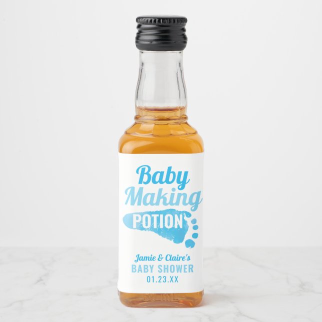 Baby Making Potion Blue Footprint Shower Thank You Liquor Bottle Label (Front)