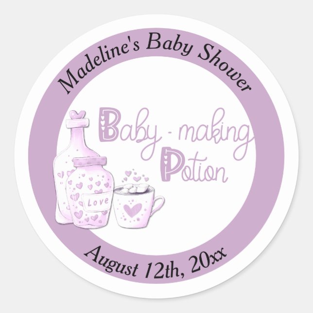 Baby Making Potion Lilac Baby Shower Favour Classic Round Sticker (Front)