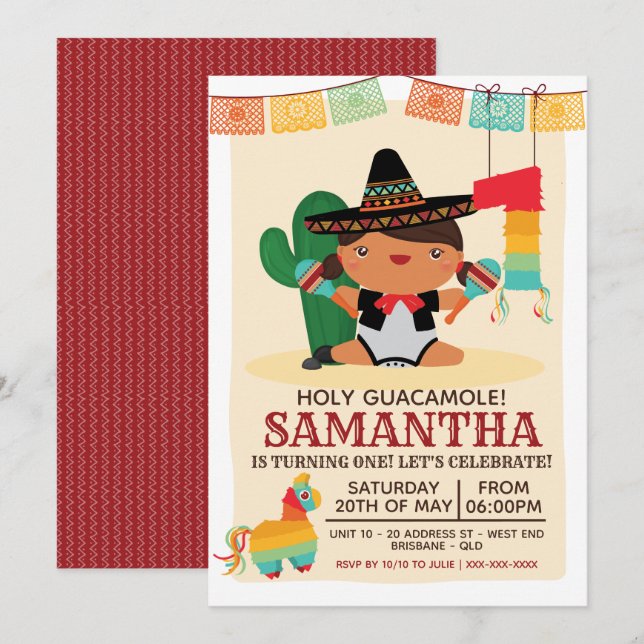 Baby Mariachi Holy Guacamole One Year Invitation (Front/Back)