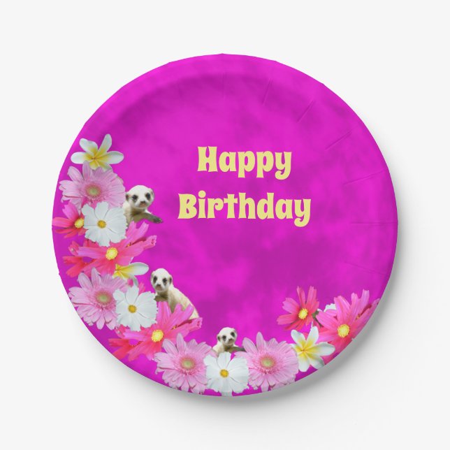 Baby Meerkat And Flowers, Birthday Paper Plates (Front)