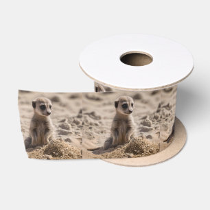 Baby Meerkat Playing In Sand, Satin Ribbon