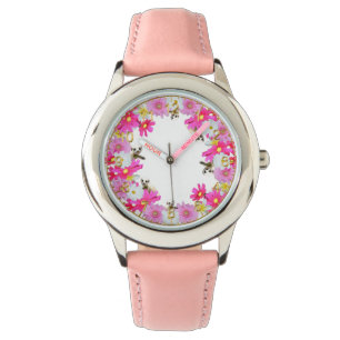 Baby Meerkats And Flowers, Girl Pink Leather Watch