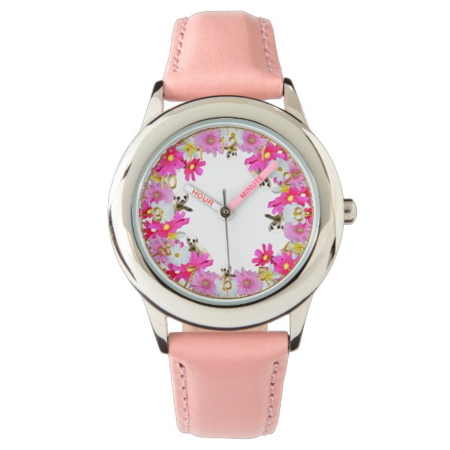Baby Meerkats And Flowers, Girl Pink Leather Watch (Front)