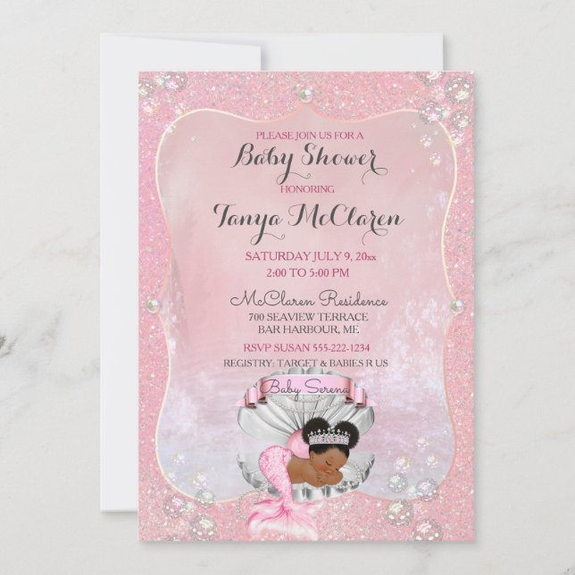 Baby Mermaid African American Pink Shell Pearls Invitation (Front)
