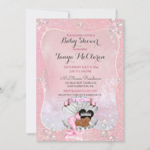 Baby Mermaid African American Pink Shell Pearls Invitation