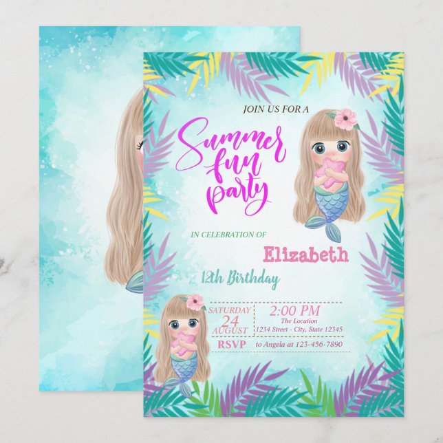 Baby Mermaid Flowers Summer Birthday Party Invitation (Front/Back)