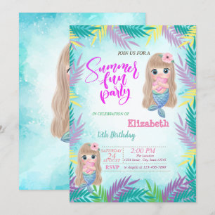 Baby Mermaid Flowers Summer Birthday Party Invitation