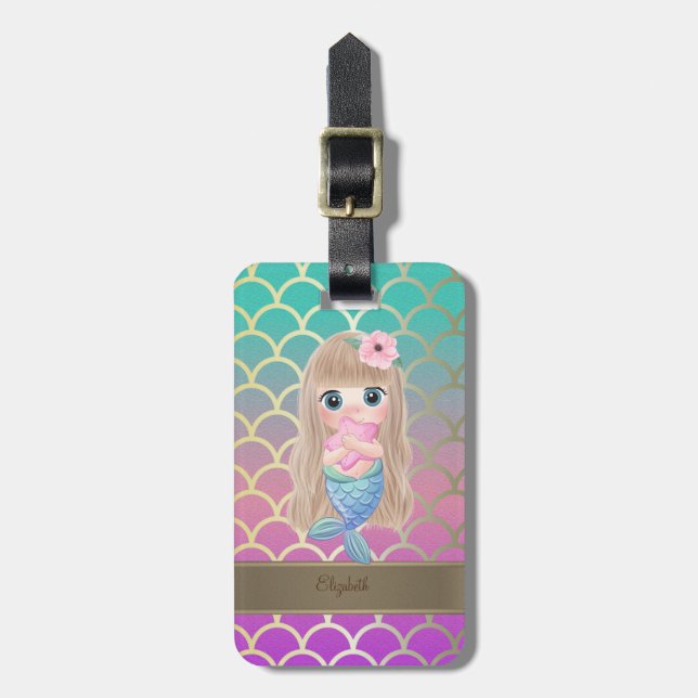 Baby Mermaid Ombre Mermaid Tail Scales Luggage Tag (Front Vertical)