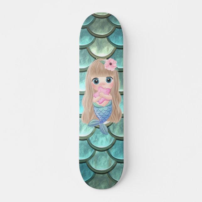Baby Mermaid On Mermaid Scales Skateboard (Front)
