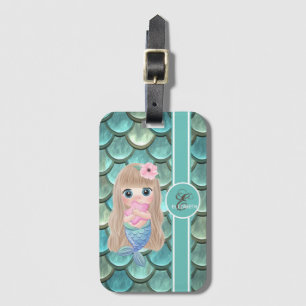 Baby Mermaid On Mermaid Tail Scales, Monogram Luggage Tag