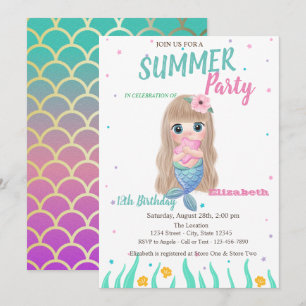 Baby Mermaid Scales Seashells Birthday Party Invitation