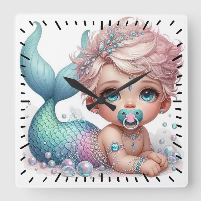Baby Mermaid Square Wall Clock (Front)