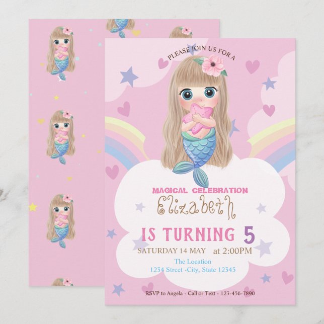 Baby Mermaid Stars Rainbow Birthday Invitation (Front/Back)