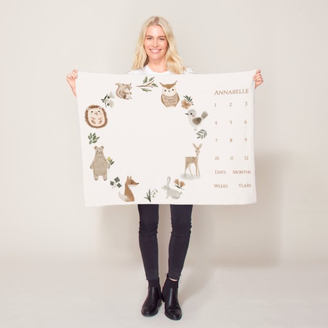 Baby Milestone Boho Woodland Animals Wreath Fleece Blanket (In Situ)