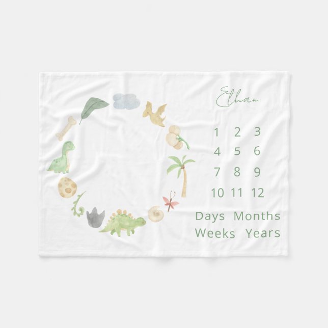 Baby Milestone Dinosaurs Gender Neutral Watercolor Fleece Blanket (Front (Horizontal))