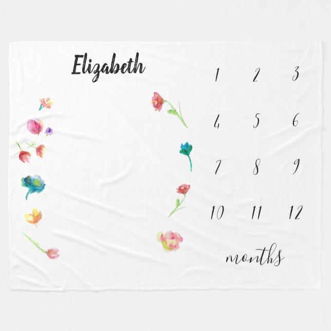 Baby milestone month tracker with name fleece blanket (Front (Horizontal))