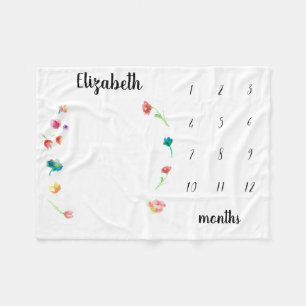 Baby milestone month watercolor flowers fleece blanket