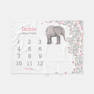 baby milestone with sweet elephant pink gray fleece blanket
