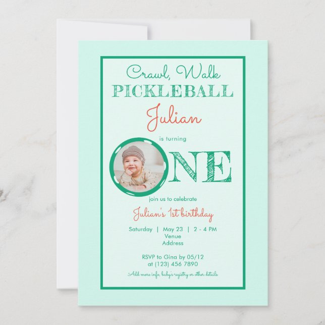 Baby Mint Green Crawl Walk Pickleball 1st Birthday Invitation (Front)