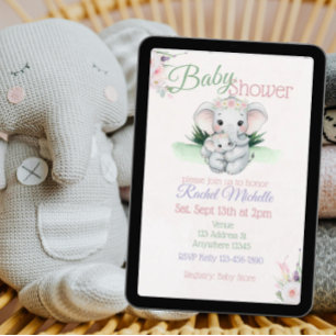 Baby & Mom Watercolor Floral Elephant Baby Shower Invitation