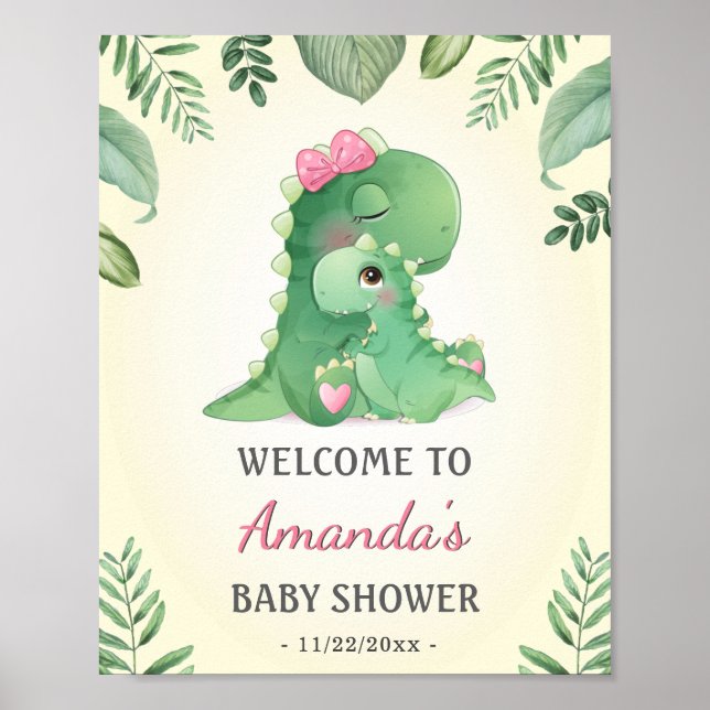 Baby Momma Dinosaurs Pink Baby Girl Shower Welcome Poster (Front)