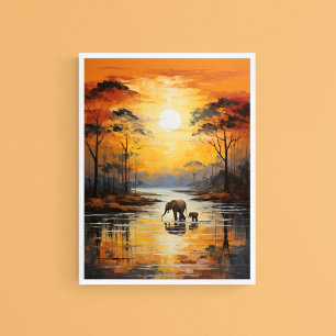 Baby & Mommy Elephant Enjoying Sunset, Wall Art