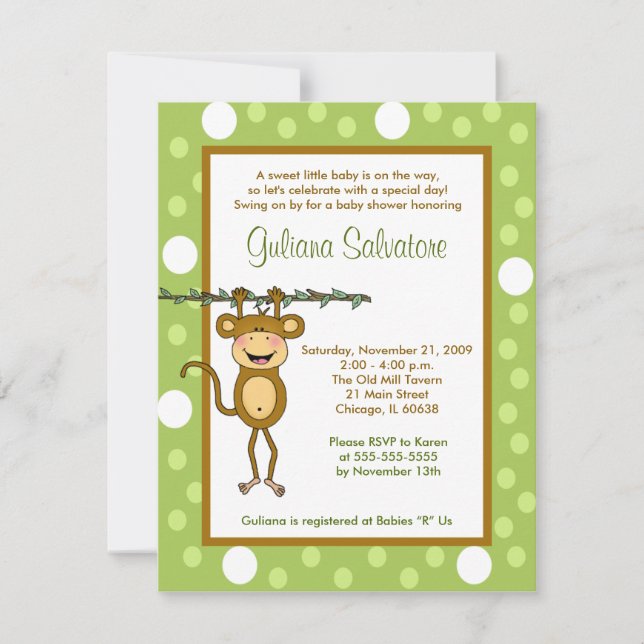 "Baby Monkey" 4x5 Baby Shower Invitation (Front)