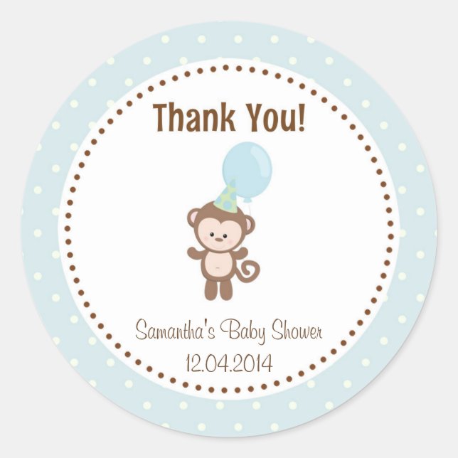 Baby Monkey Baby Shower Sticker Blue (Front)