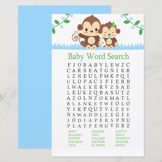 Baby Monkey Baby Shower Word Search Game (Front/Back)