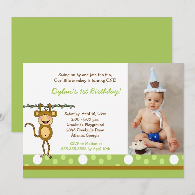Baby Monkey Boys Photo Birthday Invitations (Front/Back)