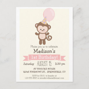 Baby Monkey Girl's Birthday Party Invitation