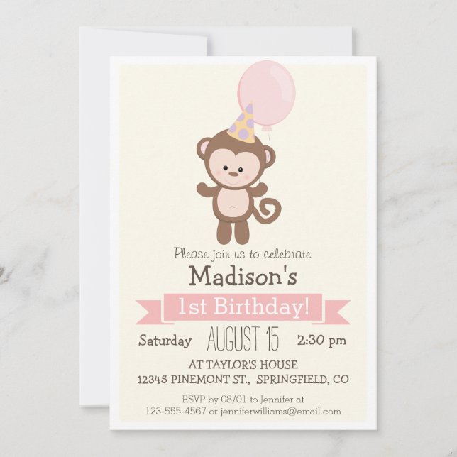 Baby Monkey Girl's Birthday Party Invitation (Front)