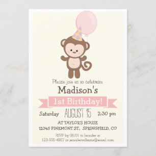 Baby Monkey Girl's Birthday Party Invitation