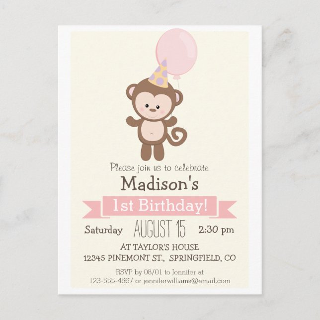 Baby Monkey Girl's Birthday Party Invitation Postcard (Front)