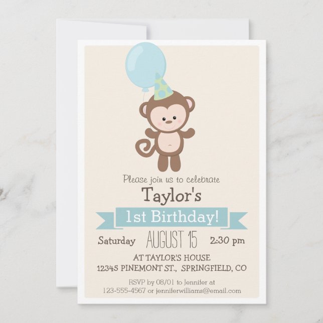 Baby Monkey Kid's Birthday Party Invitation (Front)