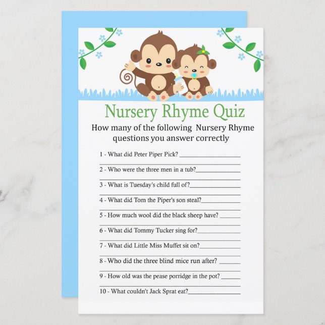 Baby Monkey Nursery Rhyme Quiz baby shower game (Front/Back)
