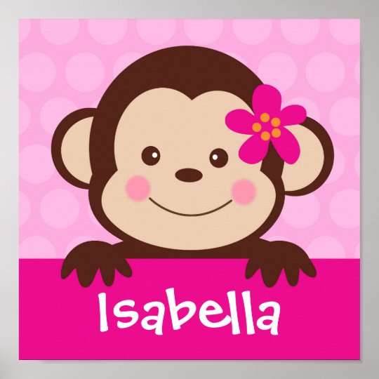 Baby Monkey Personalised Name Art Print Girls