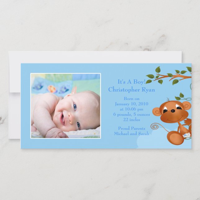 Baby Monkey PHOTO  Boy Birth Announcement (Front)