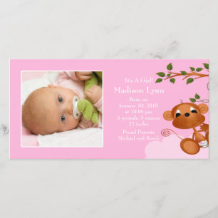 Baby Monkey PHOTO  Girls Birth Announcement
