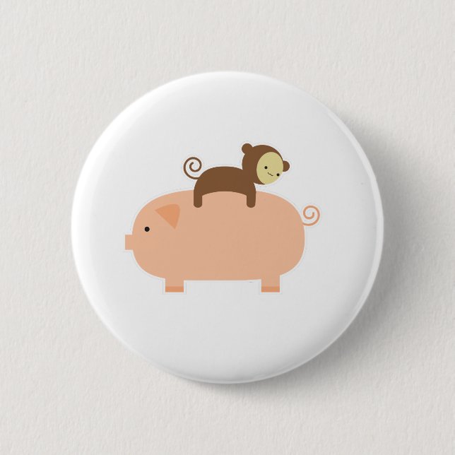 Baby Monkey Riding Backwards on a Pig 6 Cm Round Badge (Front)