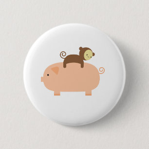 Baby Monkey Riding Backwards on a Pig 6 Cm Round Badge
